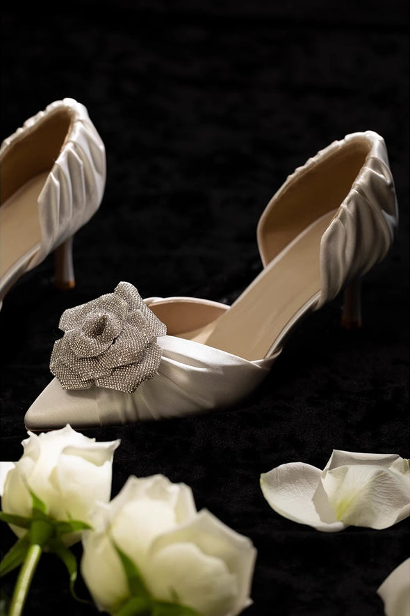 Rhinestone Flower Fold Sharp High-Heeled Shoes Bride Wedding Shoes