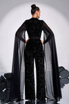 Long Sleeved Round Neck Sequined Party Jumpsuit Evening Gown