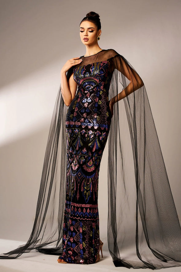 Bling Bling Sequins Long Evening Dress With Shawl