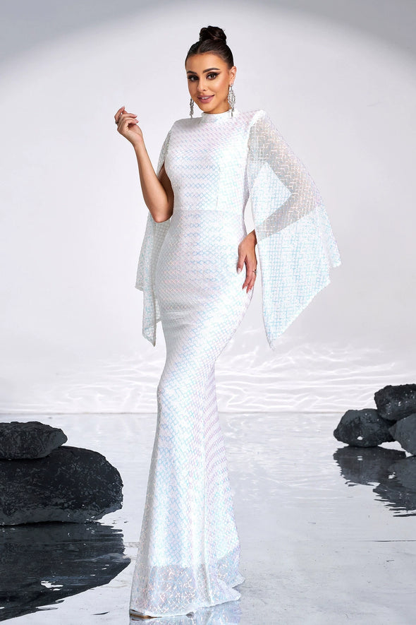 White Long Mermaid Evening Dress Sequins With Shawl