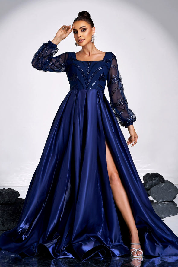 Navy Blue Square Neck Long Sleeves Sparkly Satin Evening Dress