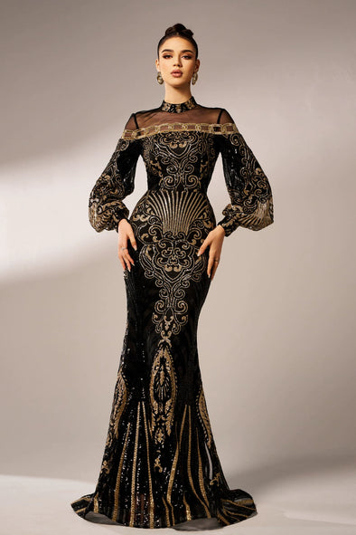 Black Gold Sequins Luxury Long Women Evening Gown