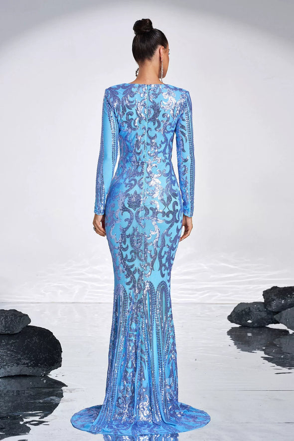 Sky Blue Long Sleeves Mermaid With Sequins