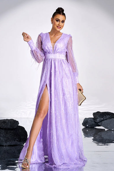 Lavender Long Sleeves V-neck Prom Dress