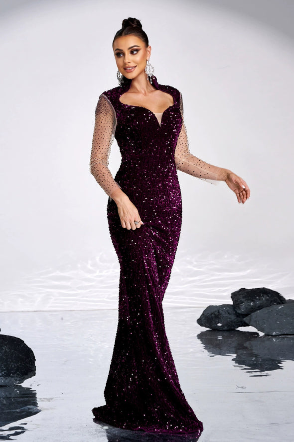 Grape Long Evening Dress Velvet Sequins Stand Neck