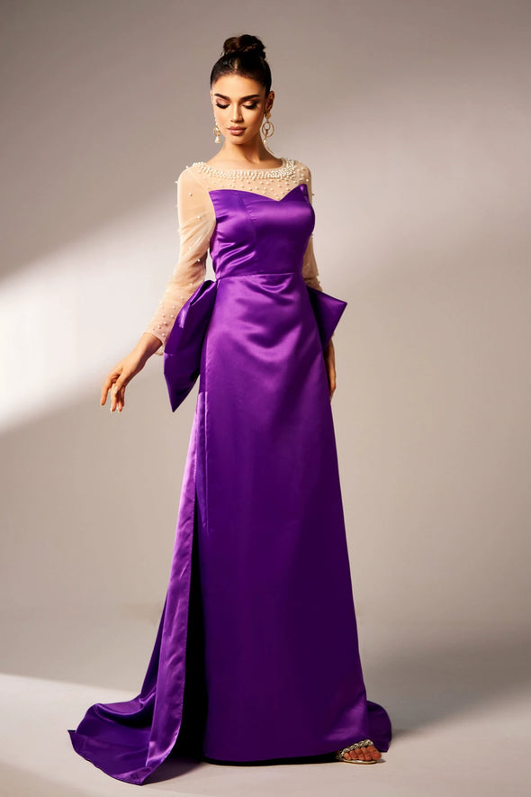 Purple Long Satin Evening Dress With Bow Back