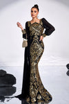 Long Sleeves Black Dress With Gold Sequins Mermaid Style