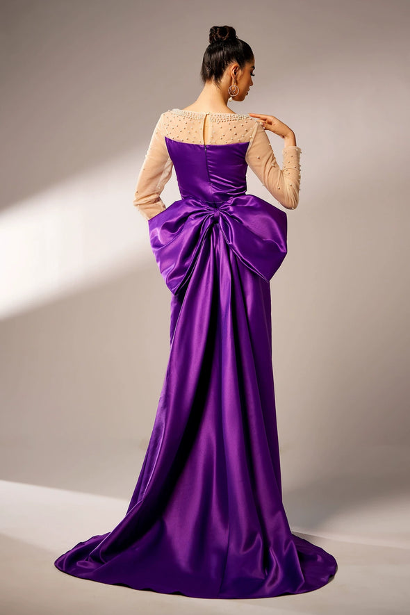 Purple Long Satin Evening Dress With Bow Back