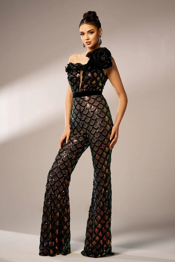 One Shoulder Sequin Long Lady Jumpsuits Party Cloth