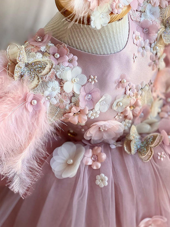 Dusty Pink Flower Girl Dress Party Gown With 3D Flowers Feathers