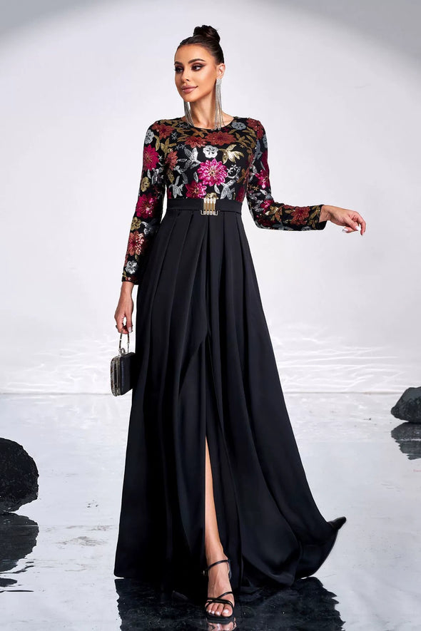 Vintage Long Elegant Evening Dress Long Sleeves Split