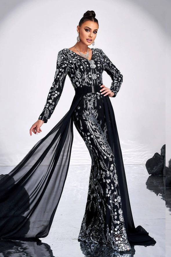 Black Dress With Silver Sequins Mermaid Evening Gown