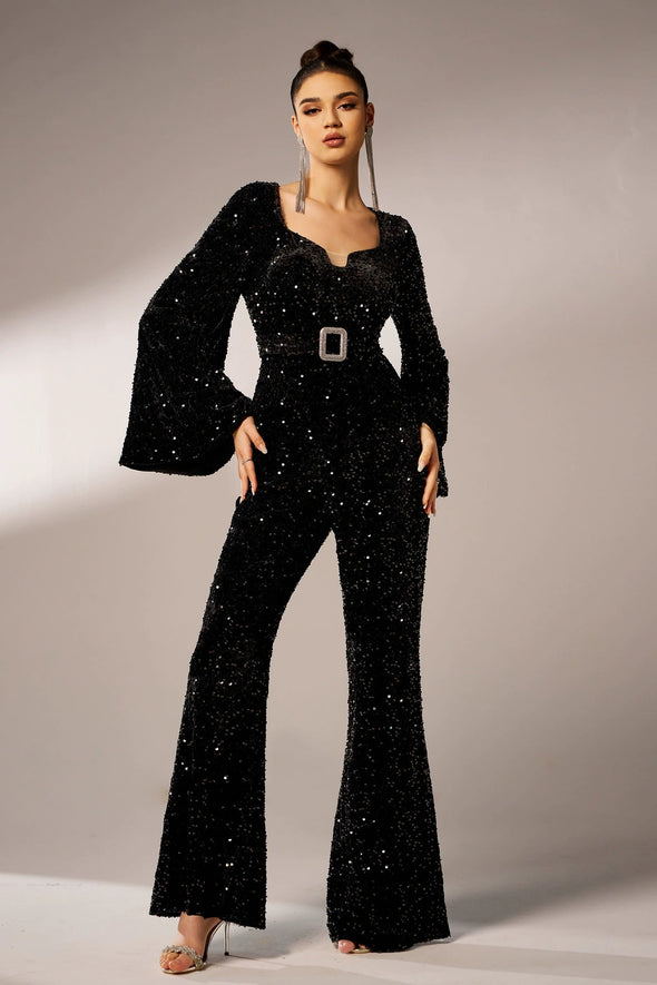 V Neck Long Sleeves Bling Sequins Women Dress Jumpsuits