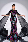 Floral Sequins Evening Dress With Chiffon Shawl