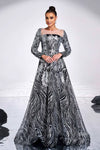 Long Sleeves Scoop Neck Silver Long Evening Dress