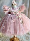 Dusty Pink Flower Girl Dress Party Gown With 3D Flowers Feathers