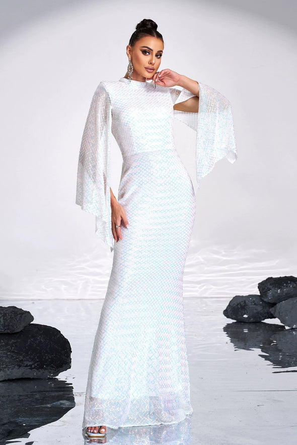 White Long Mermaid Evening Dress Sequins With Shawl