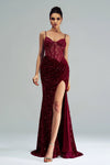 Burgundy Sequins Lace Mermaid Evening Dress With Slit