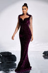 Grape Long Evening Dress Velvet Sequins Stand Neck