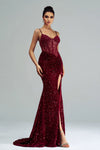 Burgundy Sequins Lace Mermaid Evening Dress With Slit