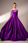 Purple Square Neck Full Sleeves Satin Evening Dress