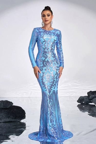 Sky Blue Long Sleeves Mermaid With Sequins