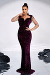 Grape Long Evening Dress Velvet Sequins Stand Neck