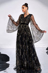 V Neck Black Evening Dress With Gold Sequins Flare Sleeves