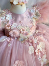 Dusty Pink Flower Girl Dress Party Gown With 3D Flowers Feathers