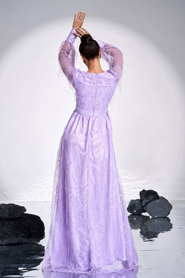 Lavender Long Sleeves V-neck Prom Dress