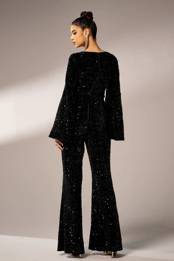 V Neck Long Sleeves Bling Sequins Women Dress Jumpsuits