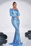 Sky Blue Long Sleeves Mermaid With Sequins