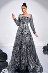 Long Sleeves Scoop Neck Silver Long Evening Dress