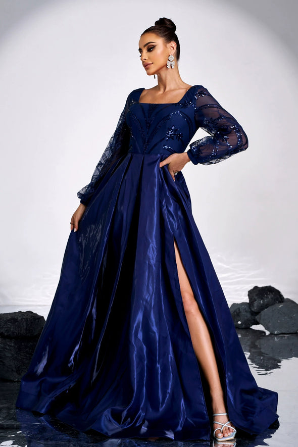 Navy Blue Square Neck Long Sleeves Sparkly Satin Evening Dress