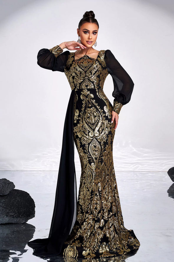 Long Sleeves Black Dress With Gold Sequins Mermaid Style