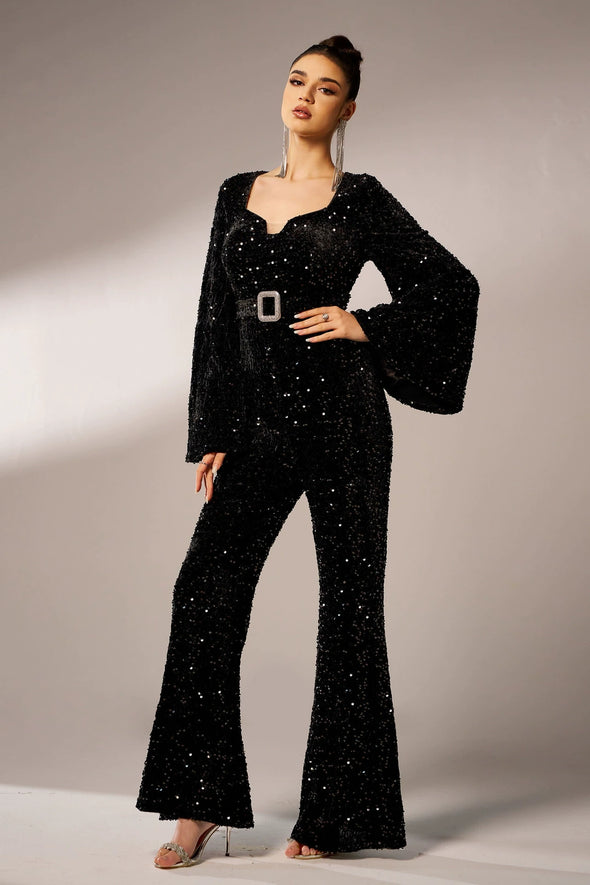 V Neck Long Sleeves Bling Sequins Women Dress Jumpsuits