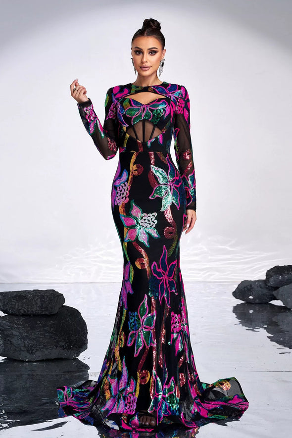 Long Sleeves Black Dress With Colorful Sequins