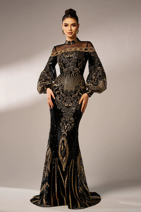 Black Gold Sequins Luxury Long Women Evening Gown