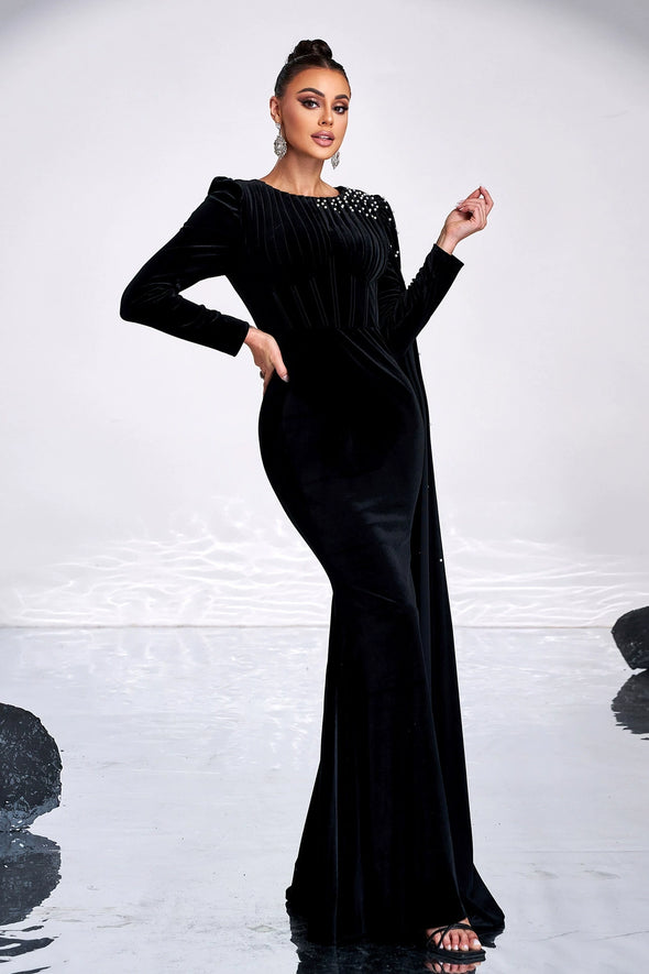 Velvet Long Women Evening Dress With Pleated Beads