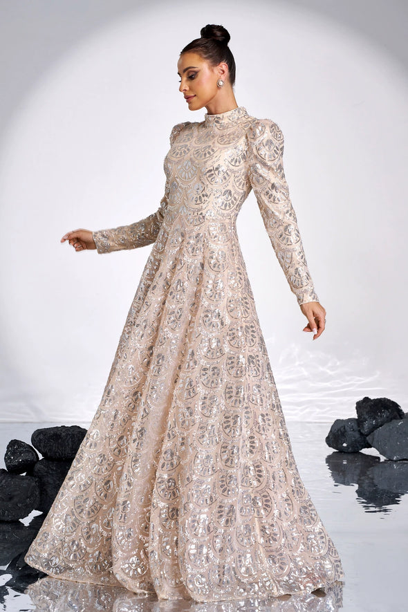 Champagne Long Evening Dress With Silver Sequins Lady Gown