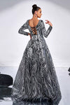 Long Sleeves Scoop Neck Silver Long Evening Dress