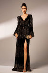 Bling V Neck Chiffon Long Sleeves Sequins Side Split