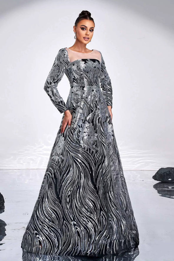 Long Sleeves Scoop Neck Silver Long Evening Dress