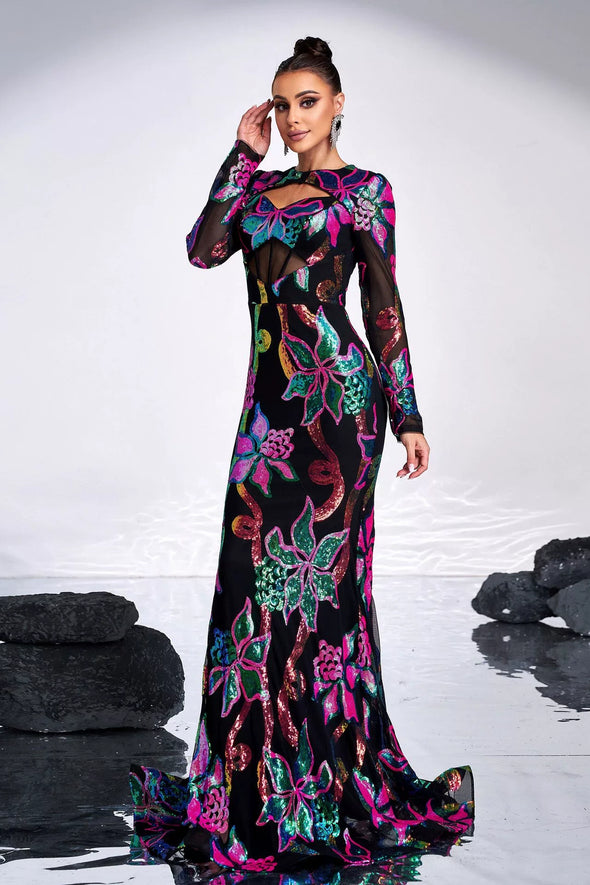 Long Sleeves Black Dress With Colorful Sequins