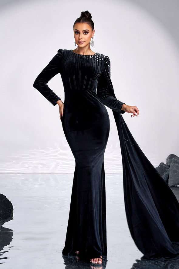 Velvet Long Women Evening Dress With Pleated Beads