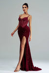 Burgundy Sequins Lace Mermaid Evening Dress With Slit