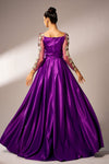 Purple Square Neck Full Sleeves Satin Evening Dress