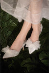 Lace Bow Sharp Tip Stiletto Heels Fairy Wedding shoes