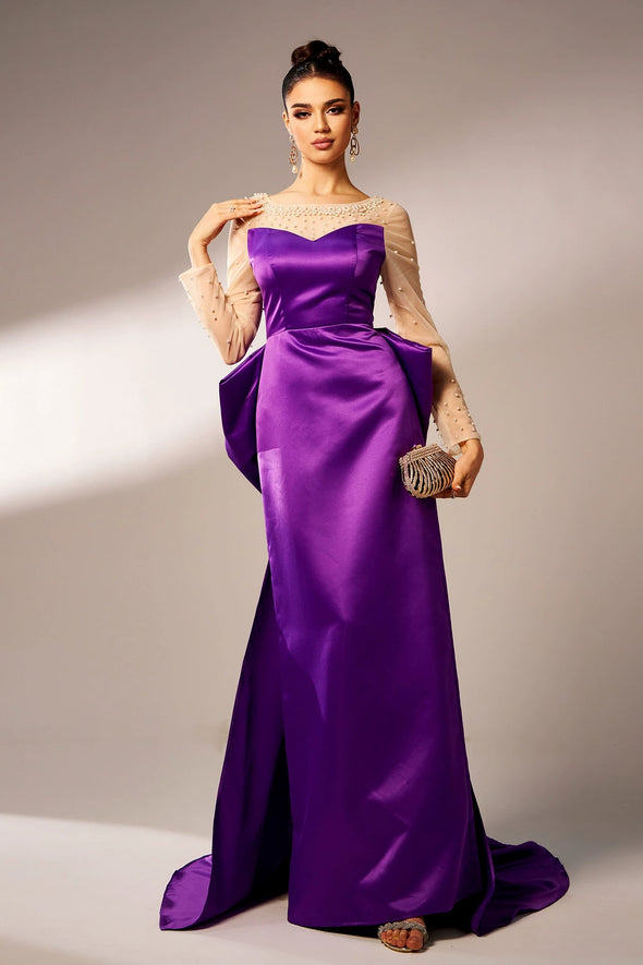 Purple Long Satin Evening Dress With Bow Back