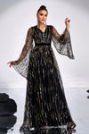 V Neck Black Evening Dress With Gold Sequins Flare Sleeves